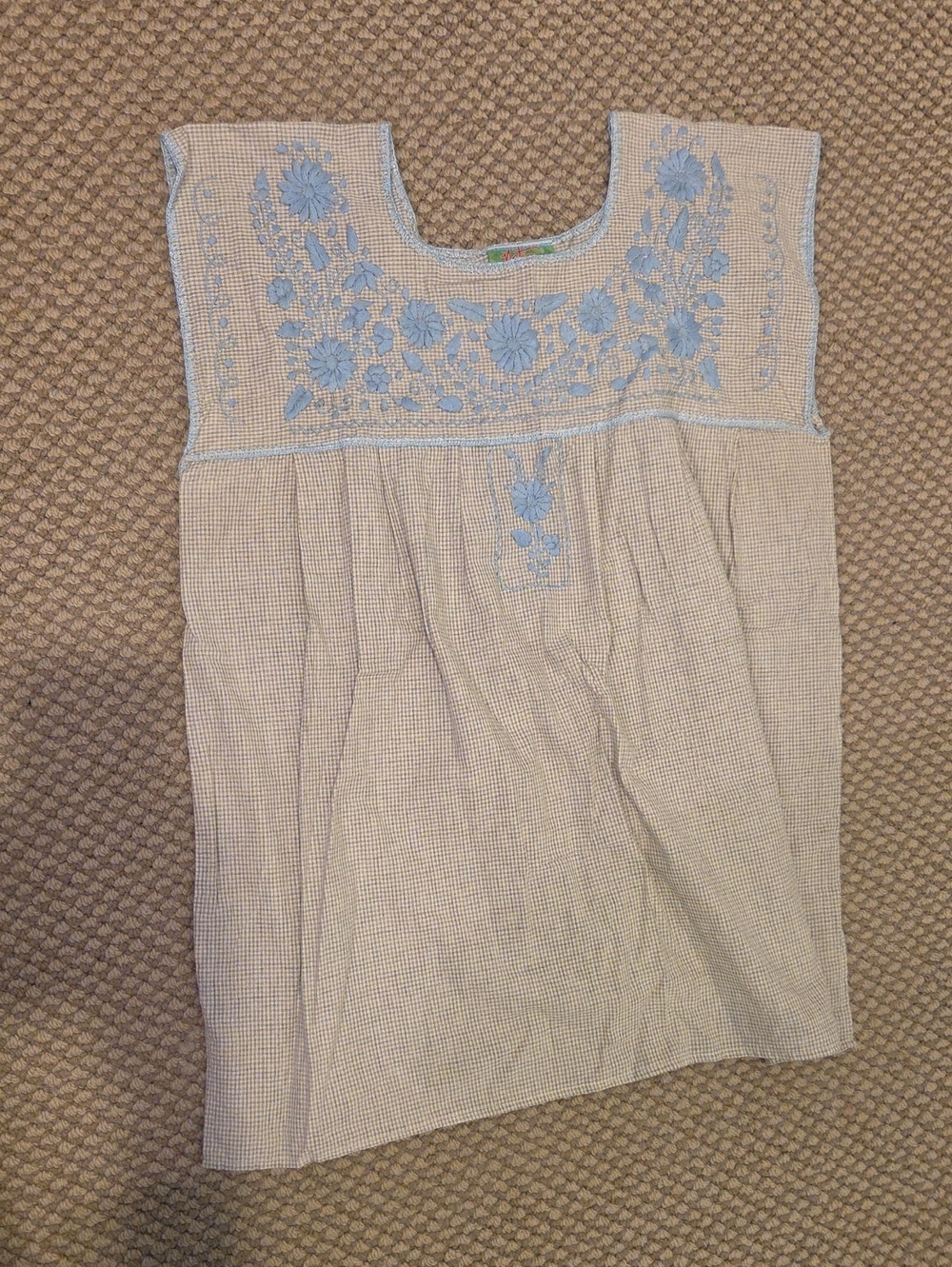 Nativa Light Blue Embroidered Mexican Square-Yoke grey gingham Tunic Sz XL